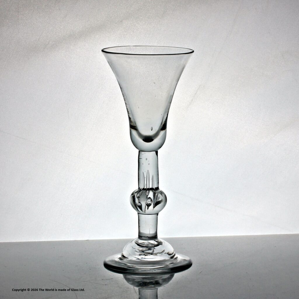 Georgian baluster wine glass, medial air tear knop, bell bowl