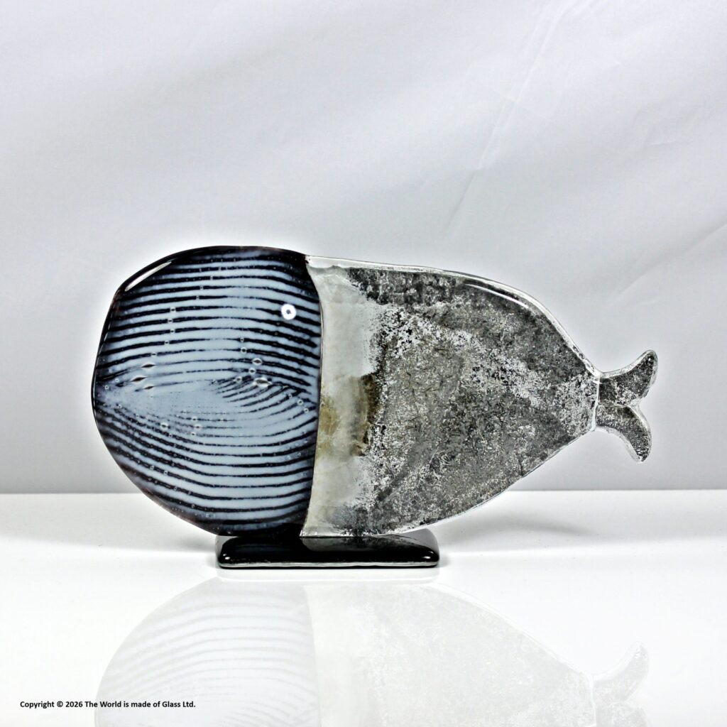 Maciej Habrat fused glass whale figurine, 21 cm.